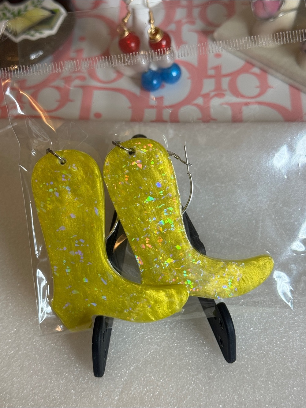 Yellow holographic Cowboy Boot Earrings